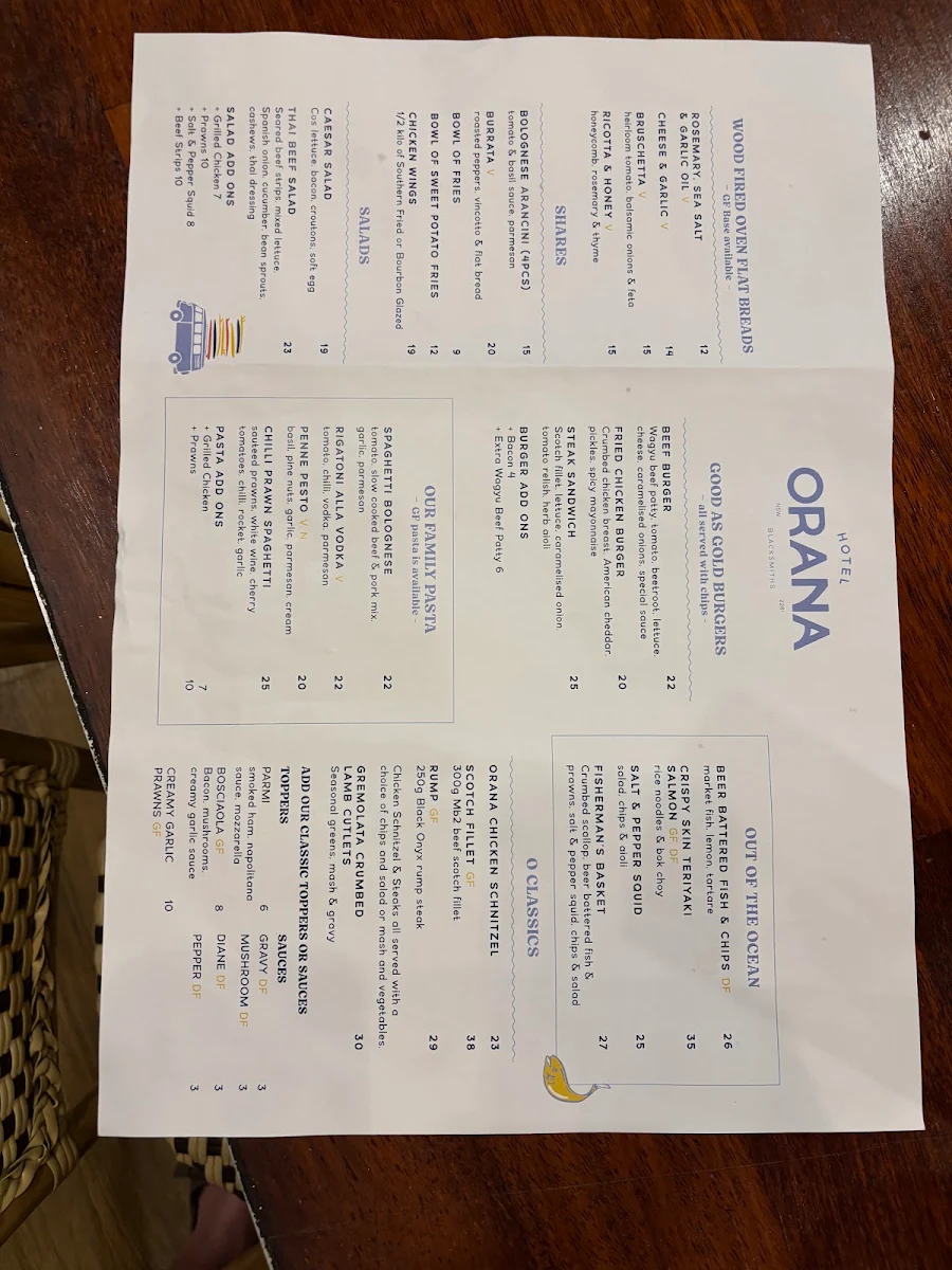 Menu, The Orana Hotel