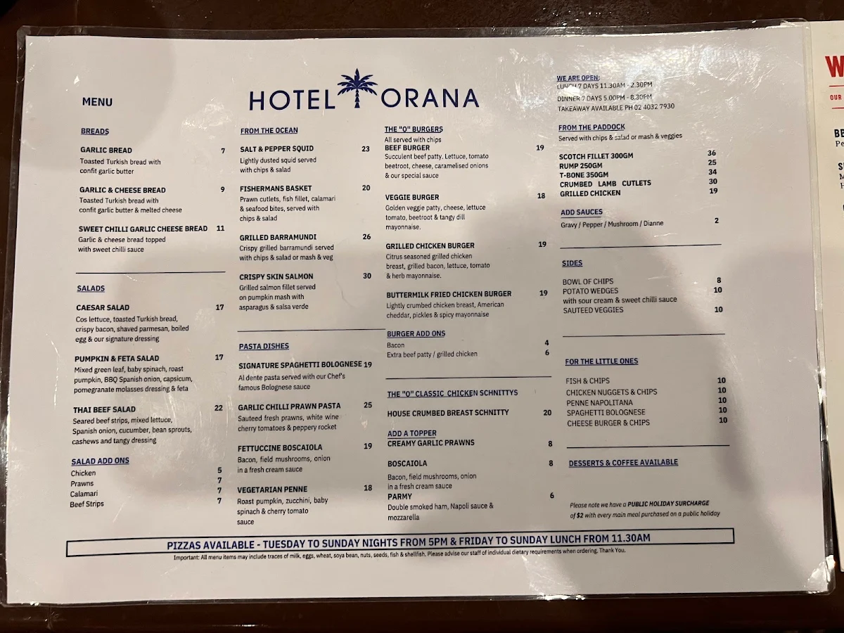 Menu, The Orana Hotel
