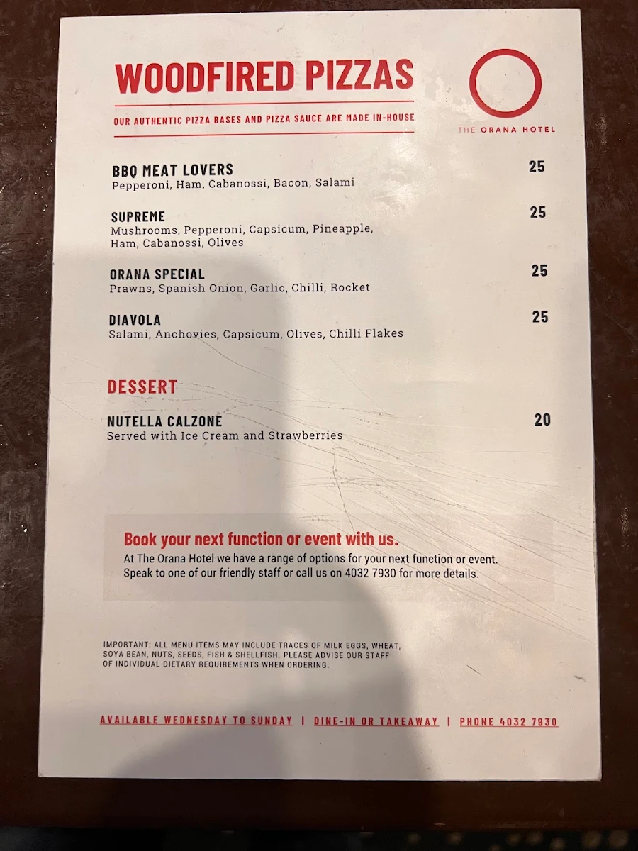Menu, The Orana Hotel