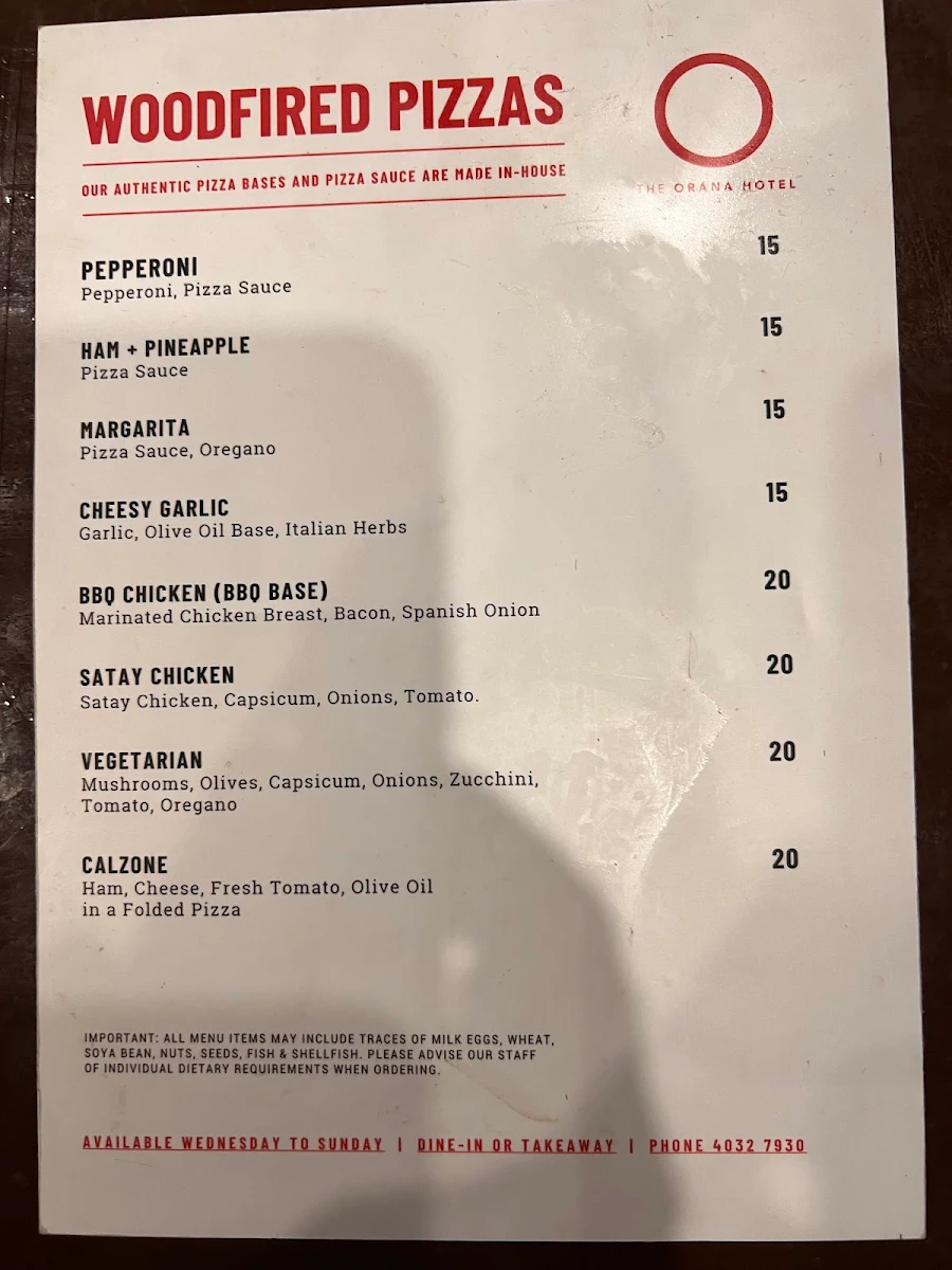 Menu, The Orana Hotel