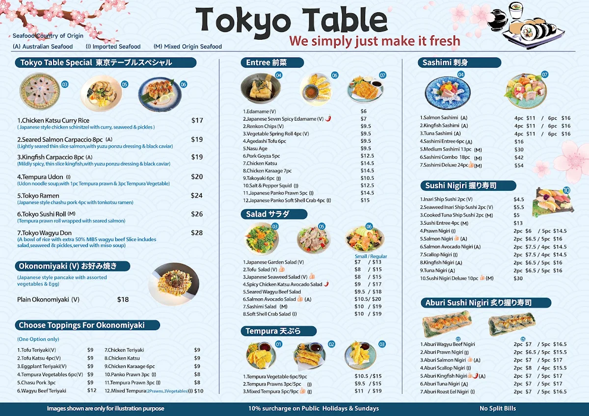 Menu, Tokyo Table Japanese Restaurant