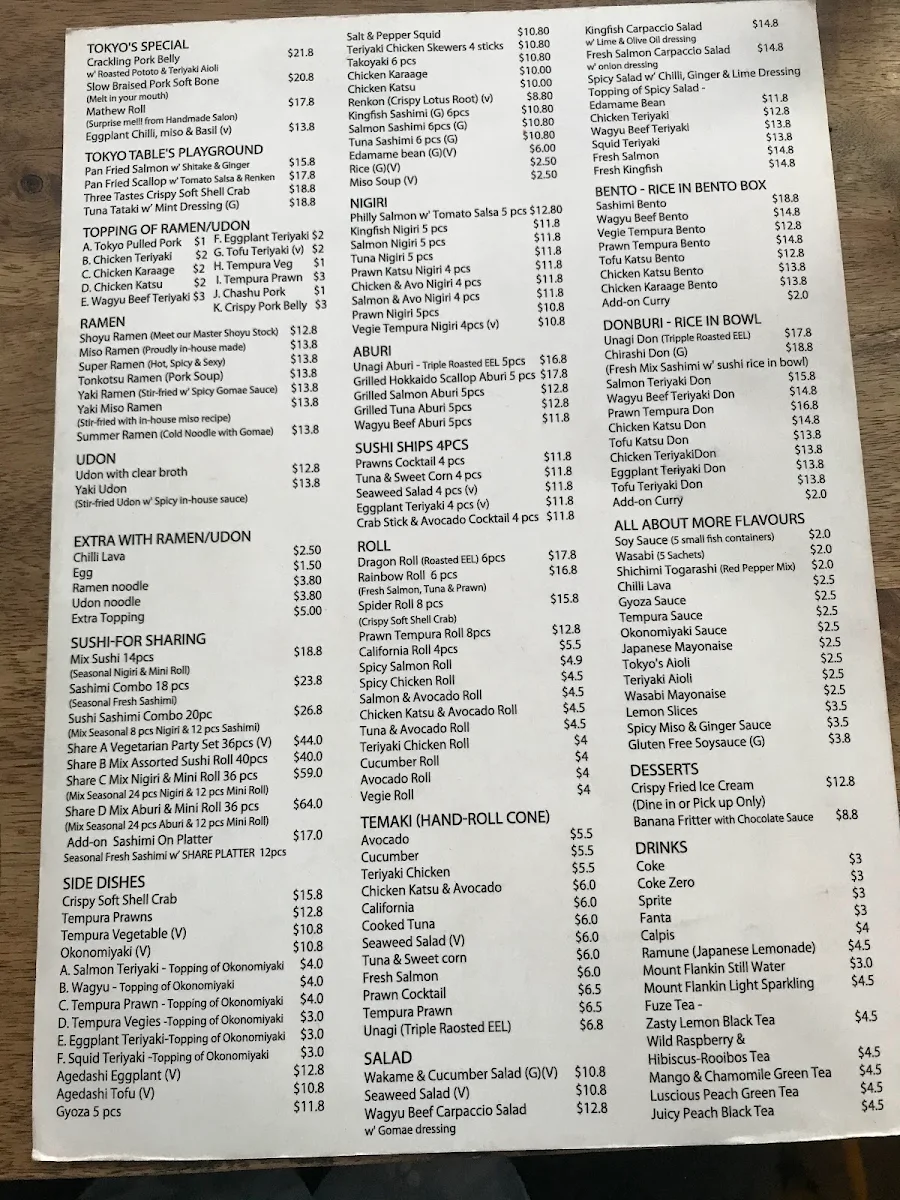 Menu, Tokyo Table Japanese Restaurant