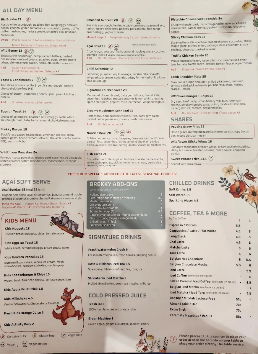 Menu, Wildflower Society Cafe - Macarthur Square