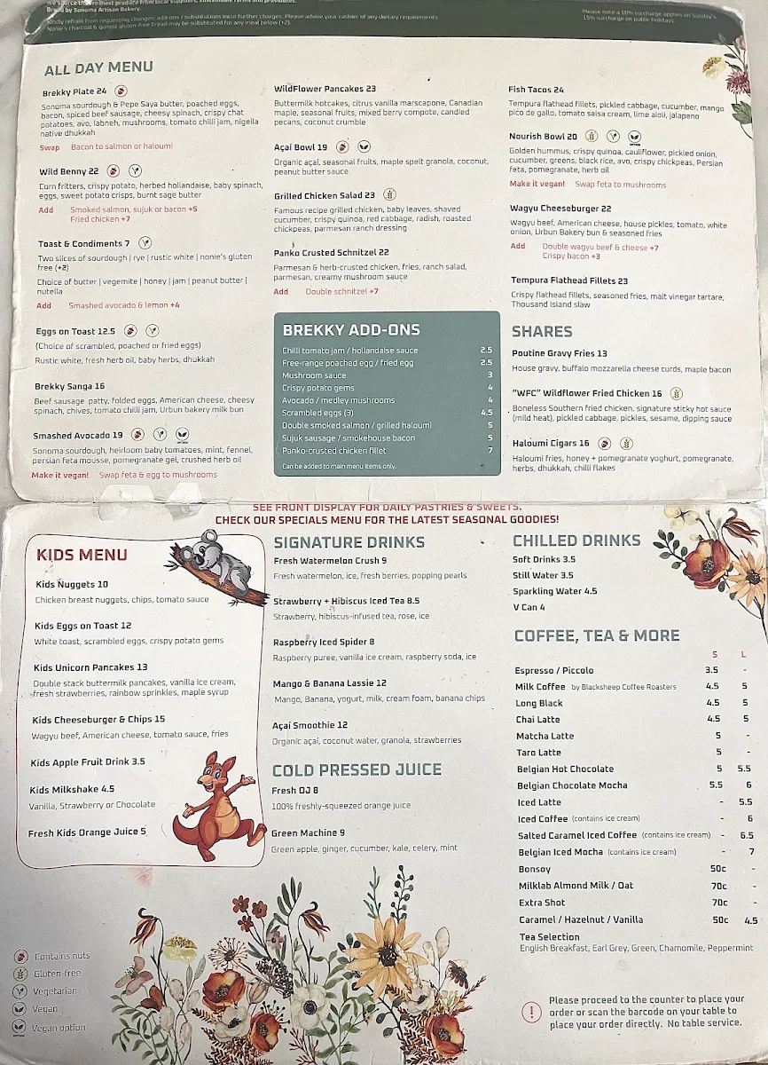 Menu, Wildflower Society Cafe - Macarthur Square
