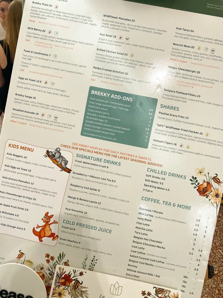 Menu, Wildflower Society Cafe - Macarthur Square