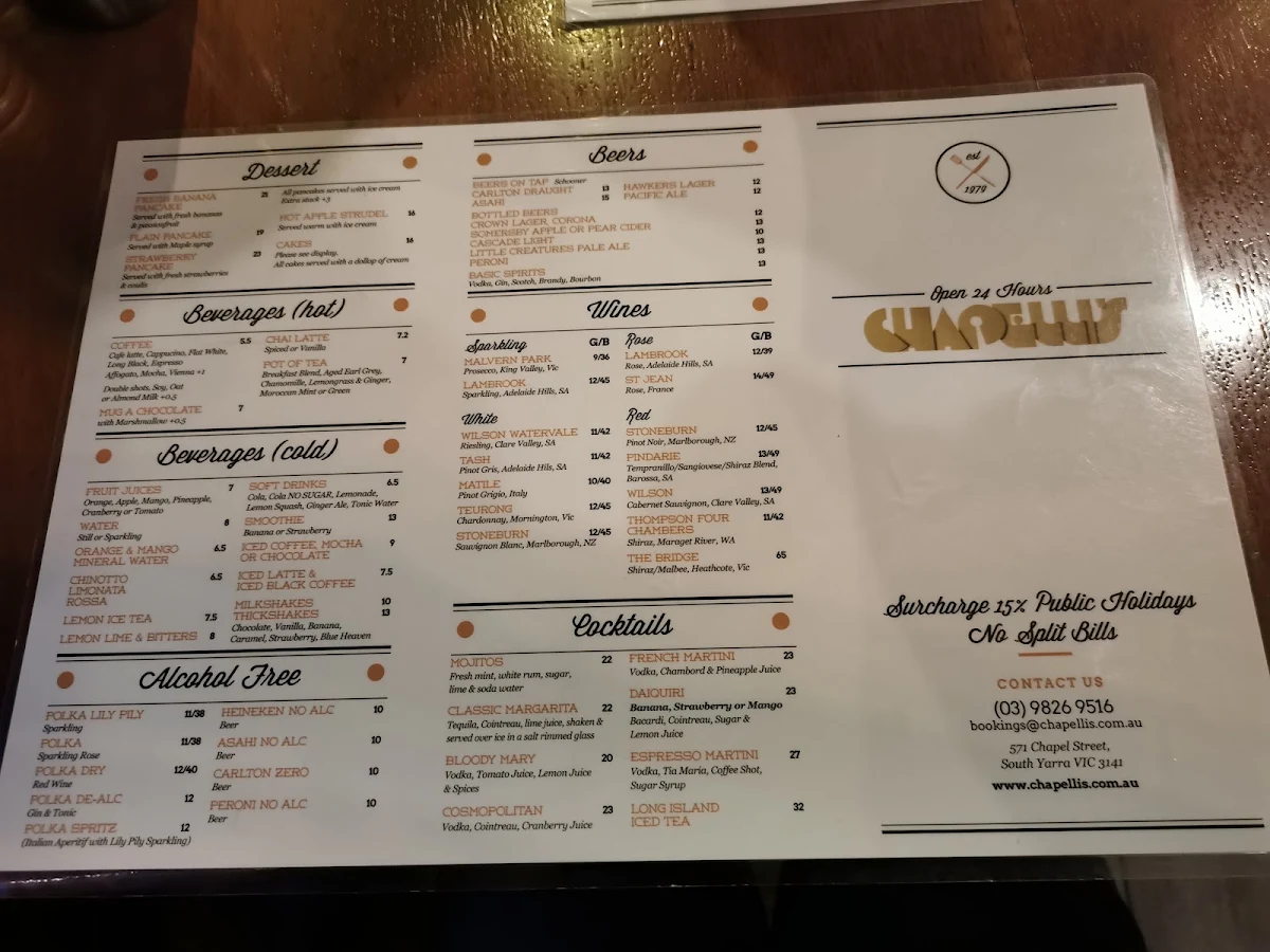 Menu, Chapelli's