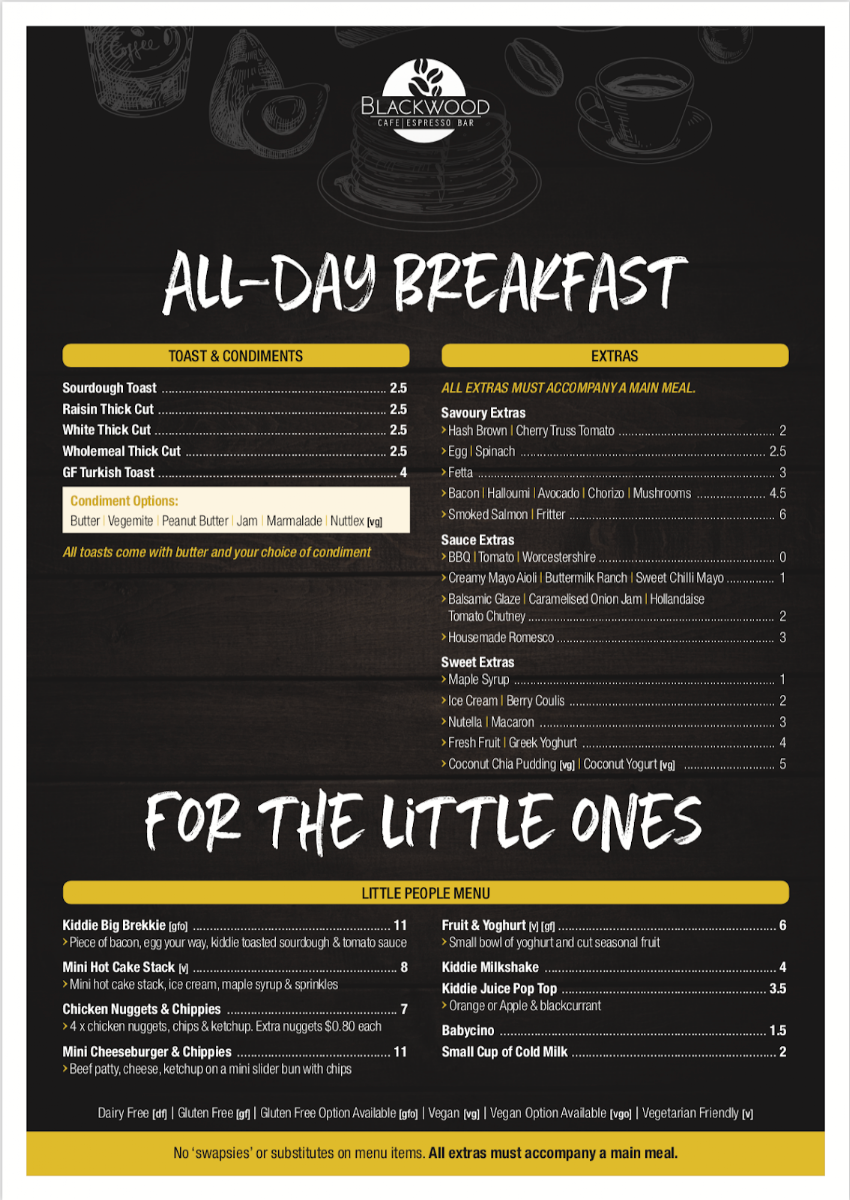 Menu, Blackwood Cafe & Espresso Bar
