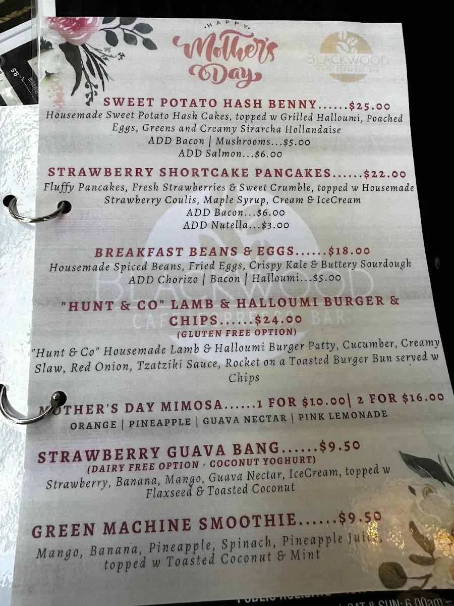 Menu, Blackwood Cafe & Espresso Bar