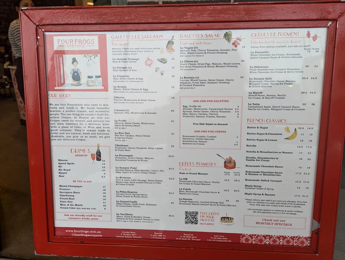 Menu, Four Frogs Crêperie - Mosman