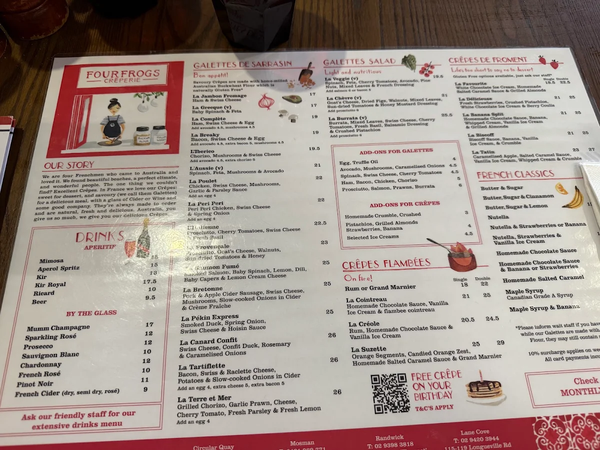 Menu, Four Frogs Crêperie - Mosman