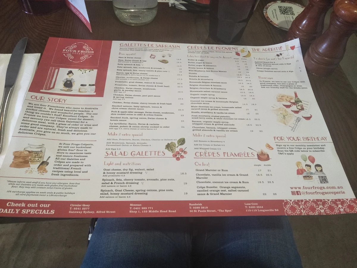 Menu, Four Frogs Crêperie - Mosman