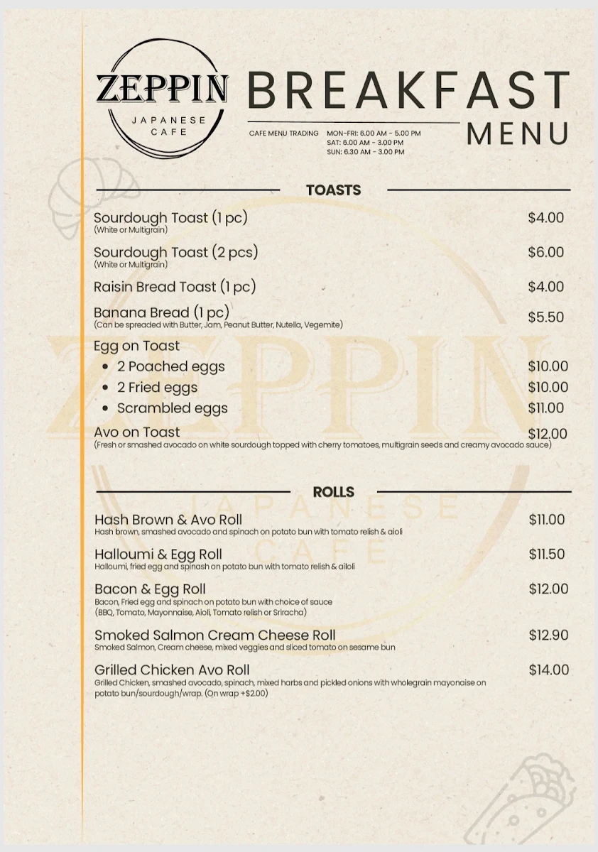 Menu, Zeppin Japanese Cafe