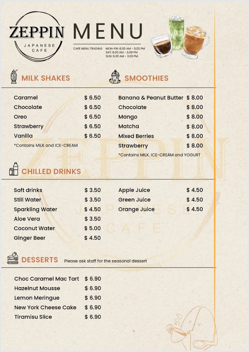 Menu, Zeppin Japanese Cafe