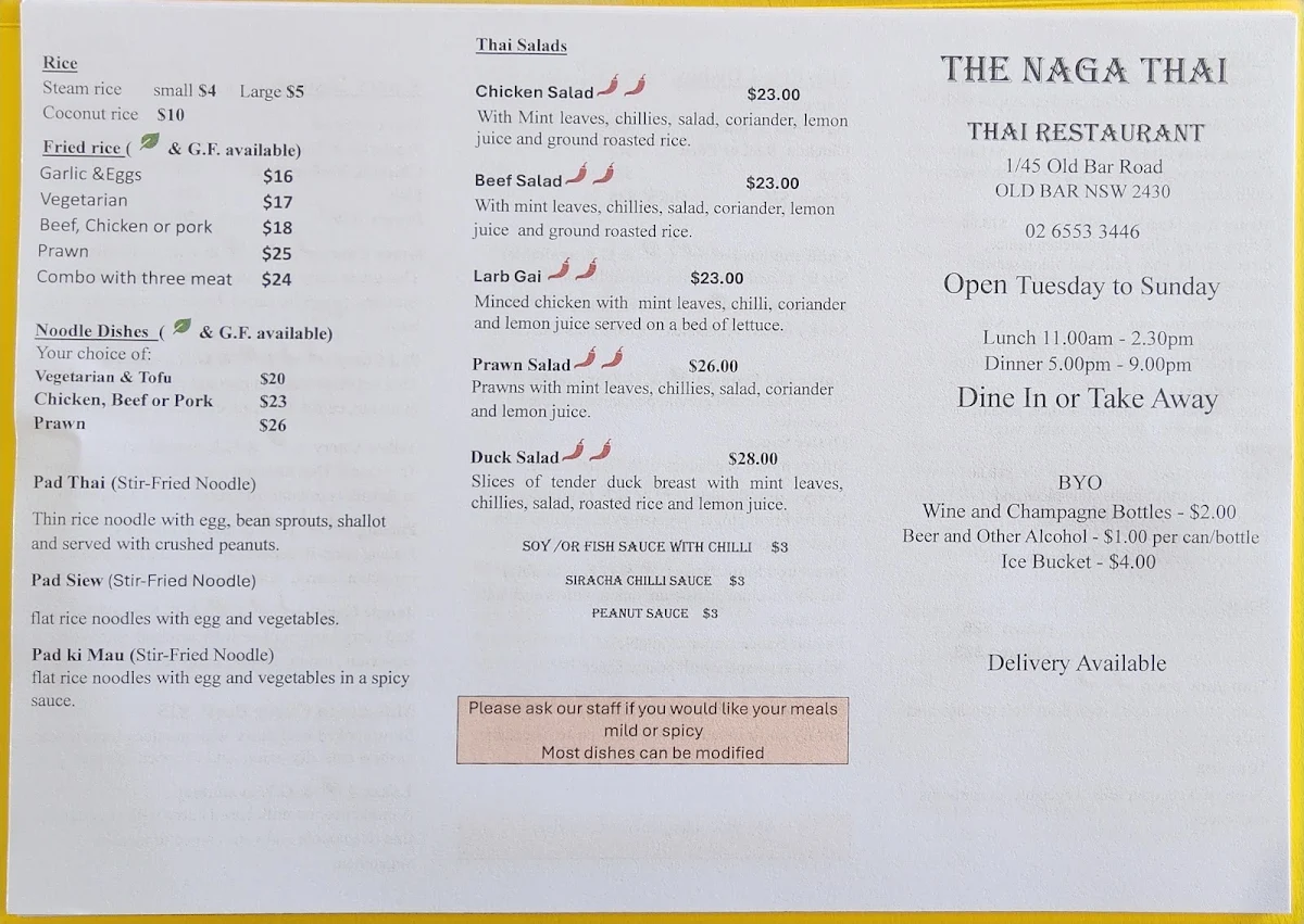 Menu, The Naga Thai
