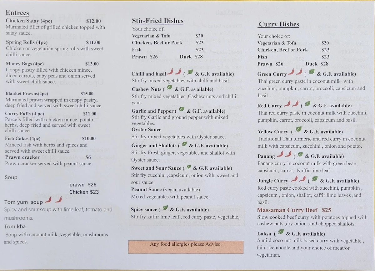 Menu, The Naga Thai