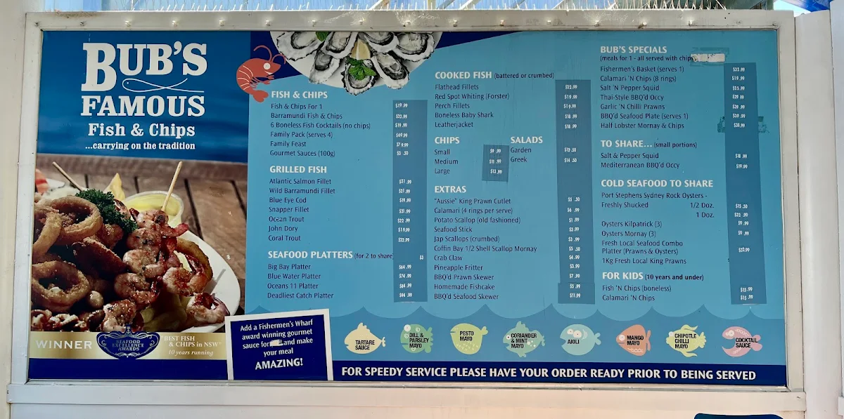 Menu, Bub's Famous Fish & Chips