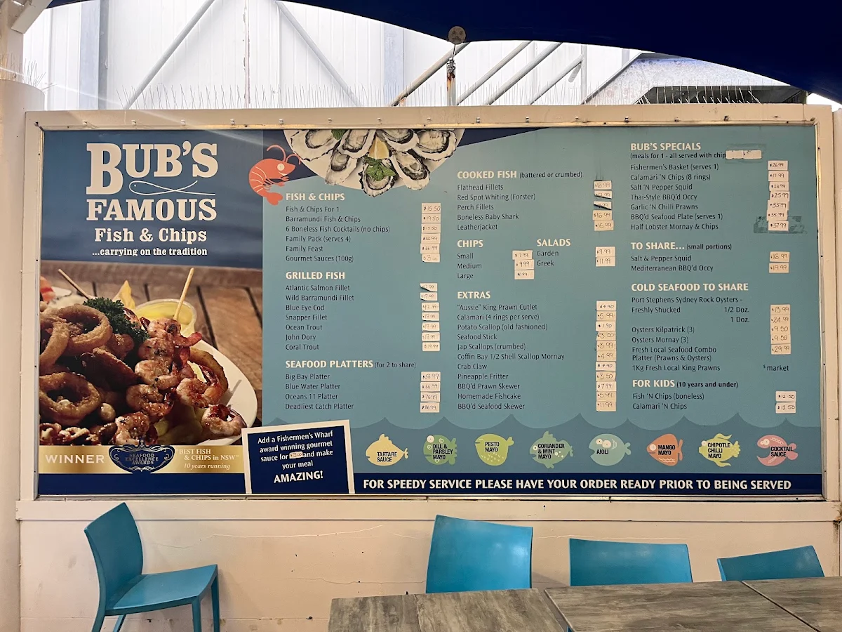 Menu, Bub's Famous Fish & Chips