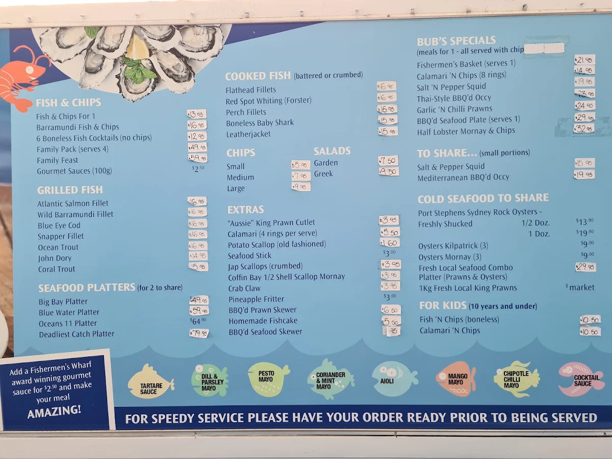 Menu, Bub's Famous Fish & Chips