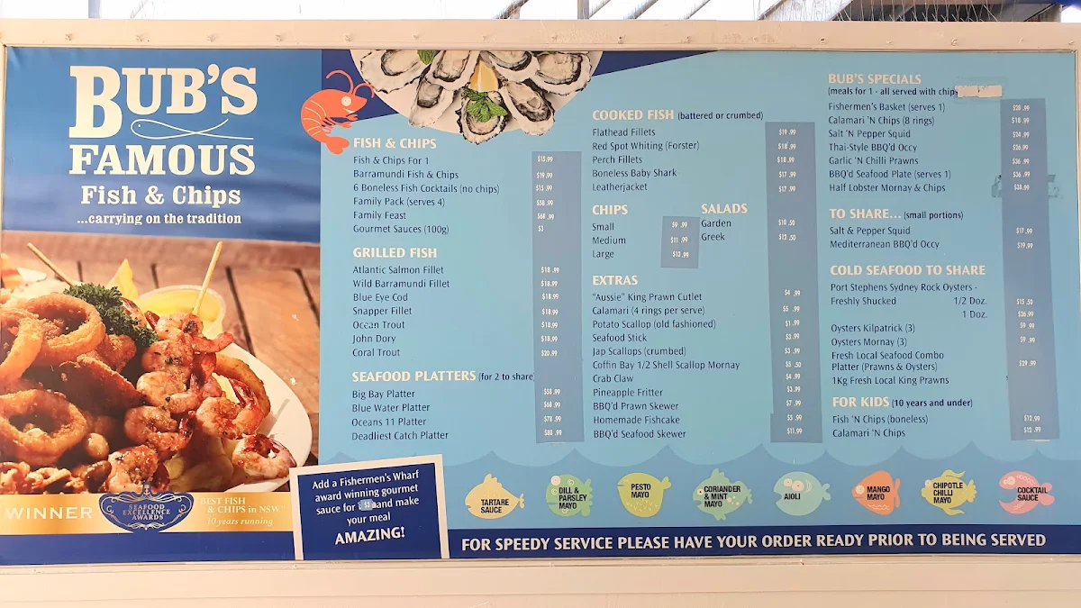 Menu, Bub's Famous Fish & Chips