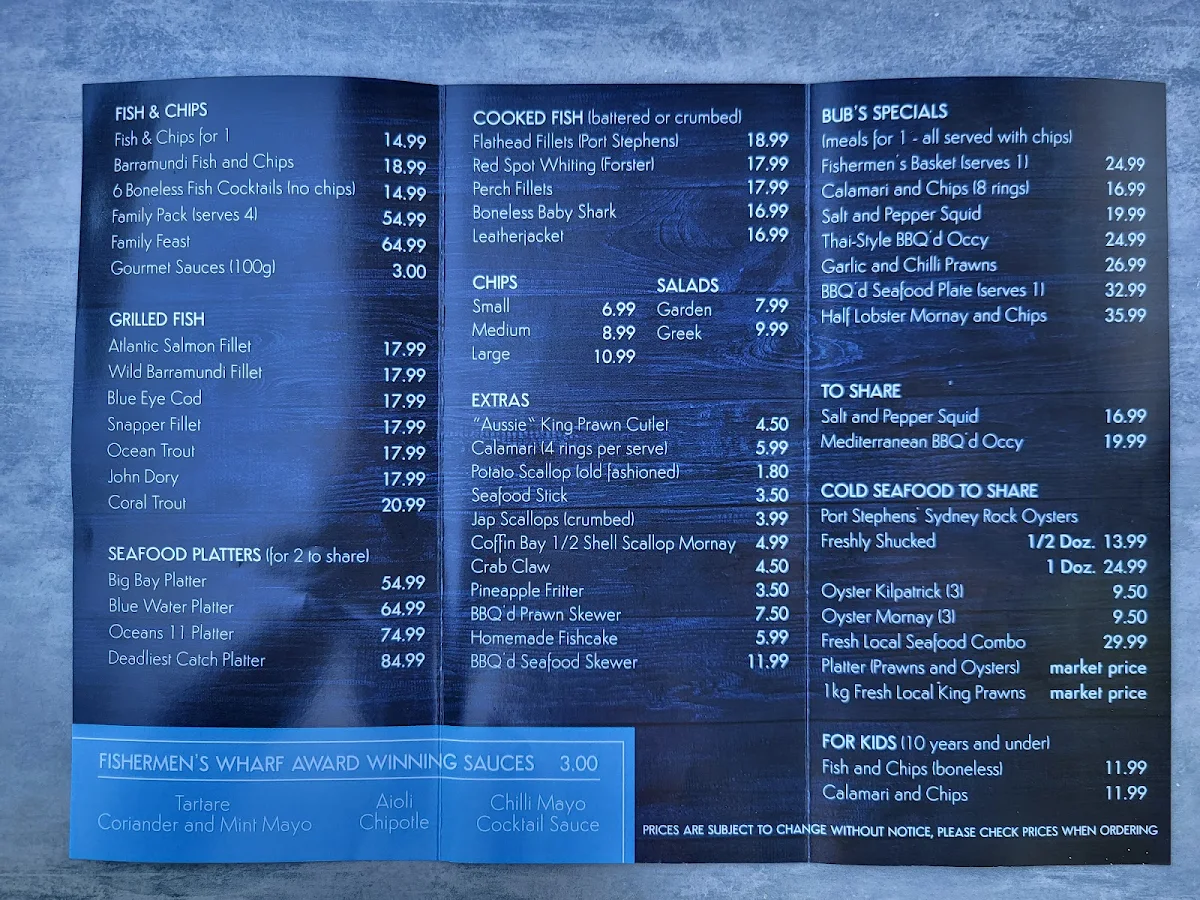 Menu, Bub's Famous Fish & Chips