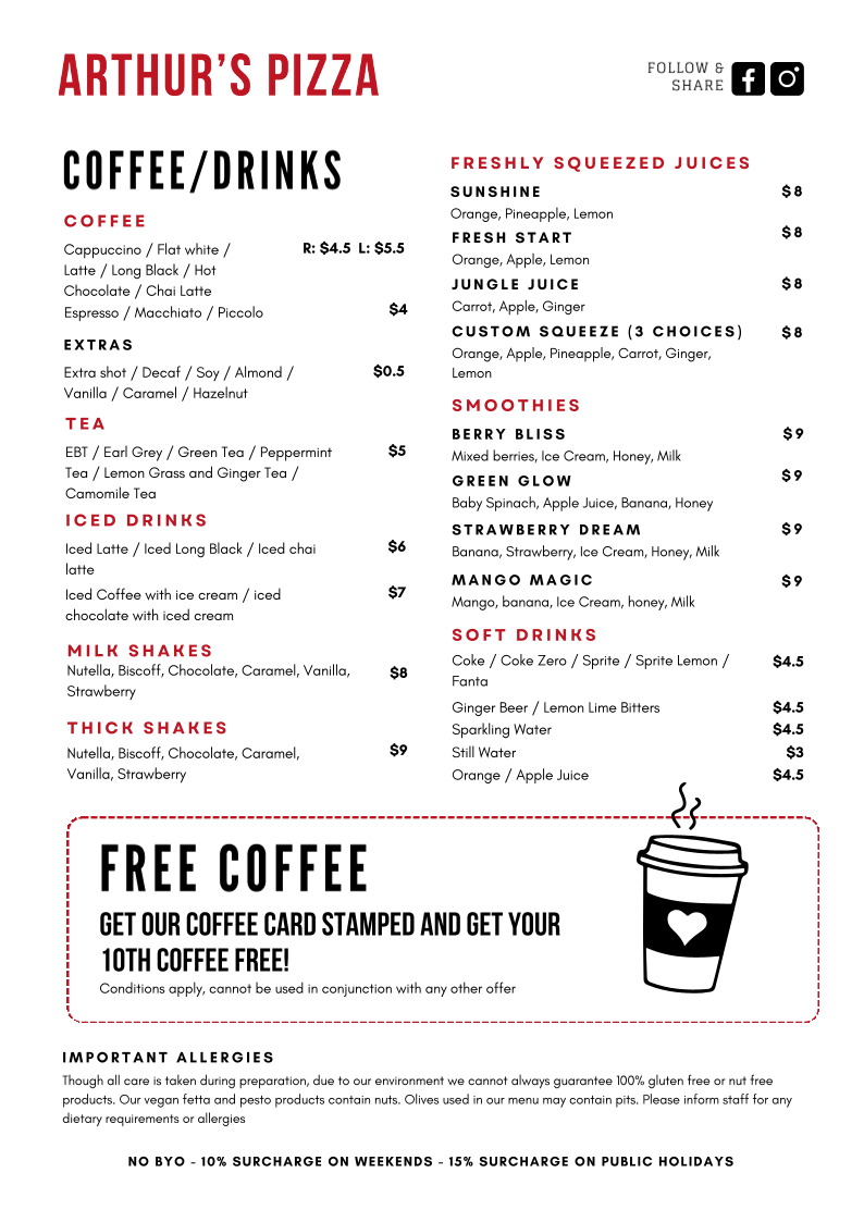 Menu, Arthur's Pizza Maroubra