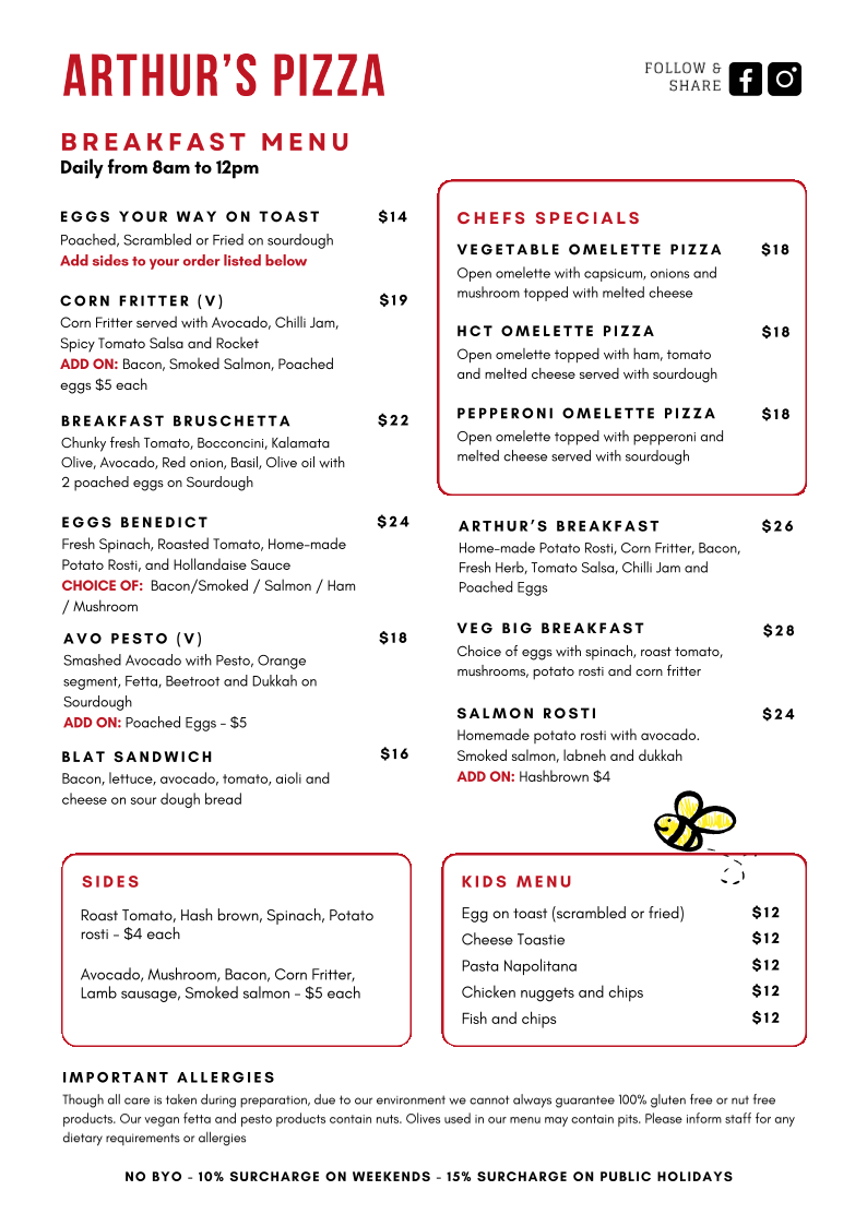 Menu, Arthur's Pizza Maroubra
