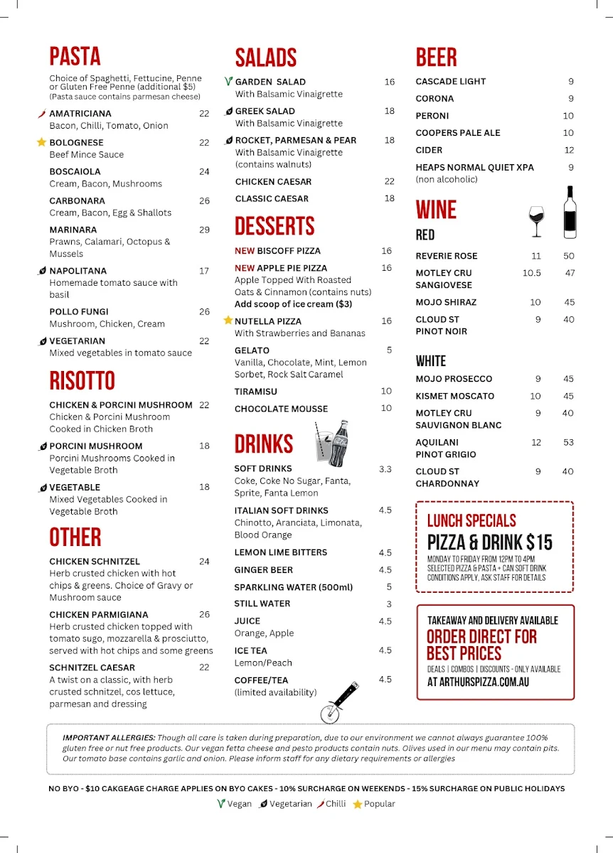 Menu, Arthur's Pizza Maroubra