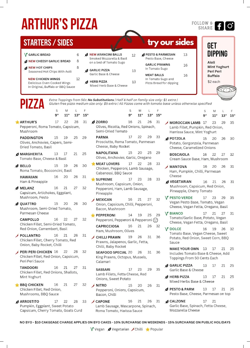 Menu, Arthur's Pizza Maroubra