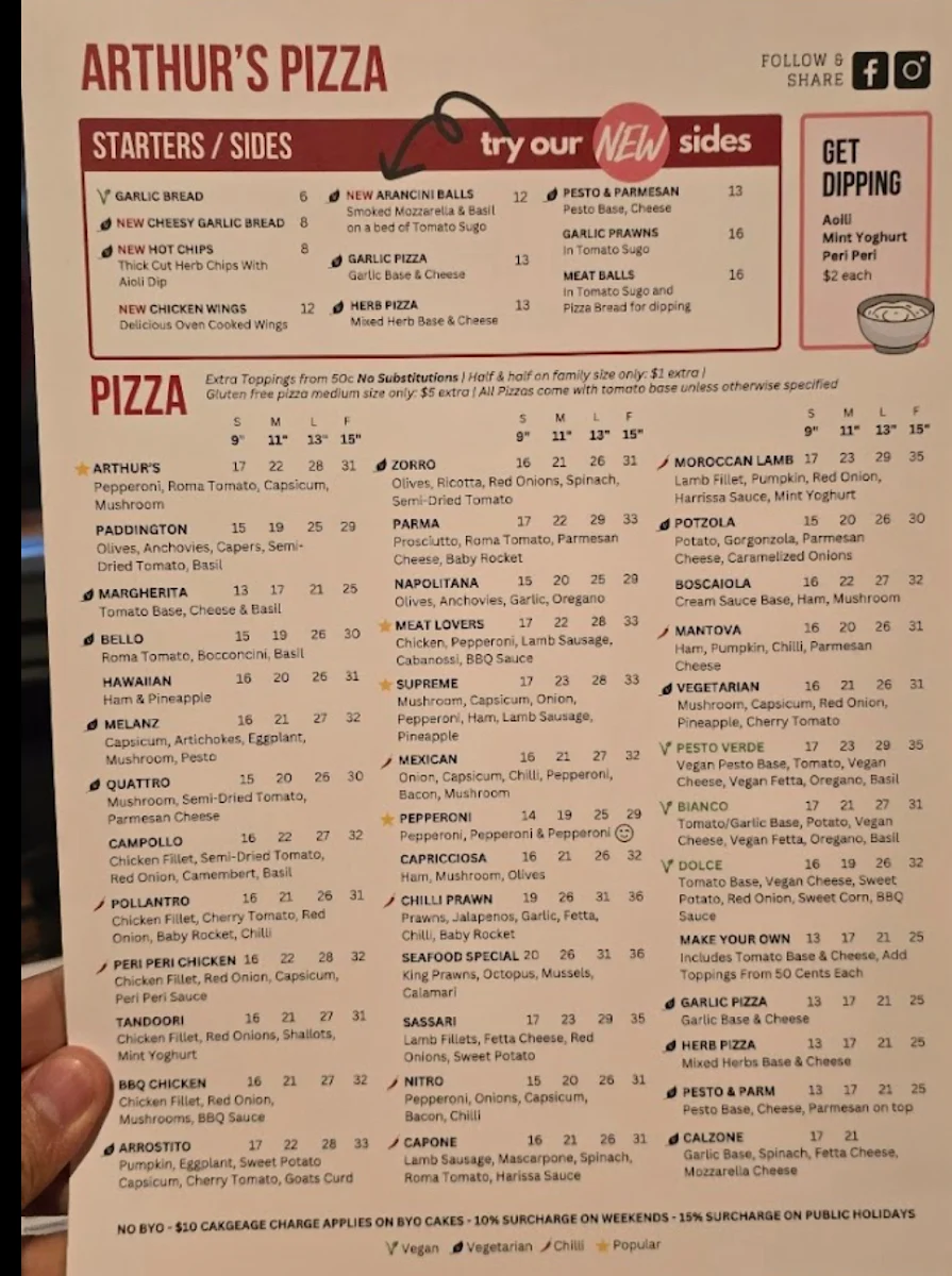 Menu, Arthur's Pizza Maroubra