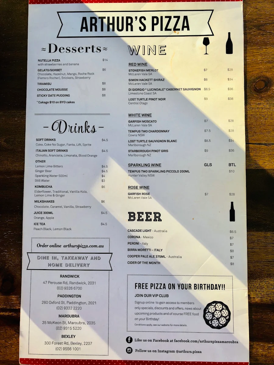 Menu, Arthur's Pizza Maroubra