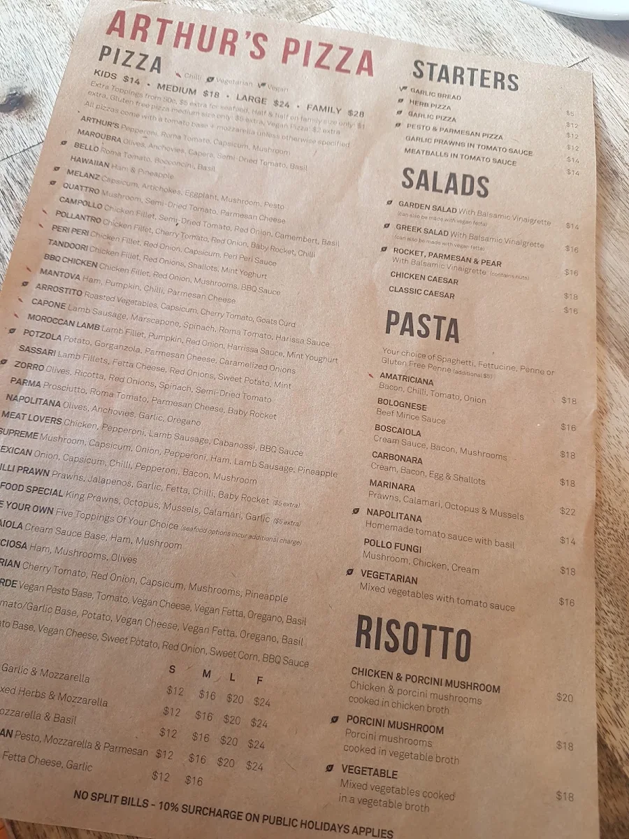 Menu, Arthur's Pizza Maroubra