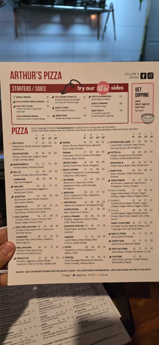 Menu, Arthur's Pizza Maroubra