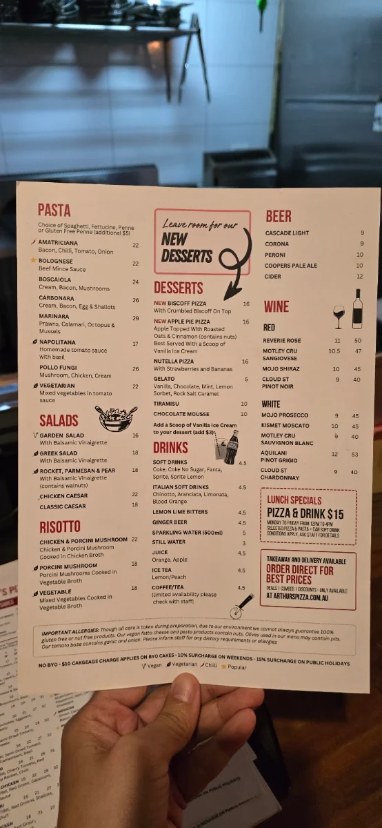Menu, Arthur's Pizza Maroubra