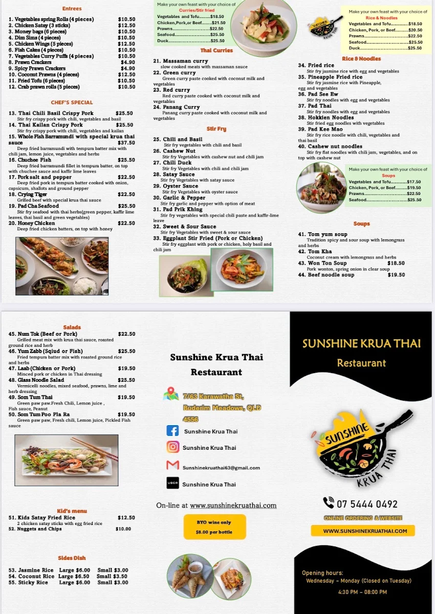 Menu, Sunshine Krua Thai