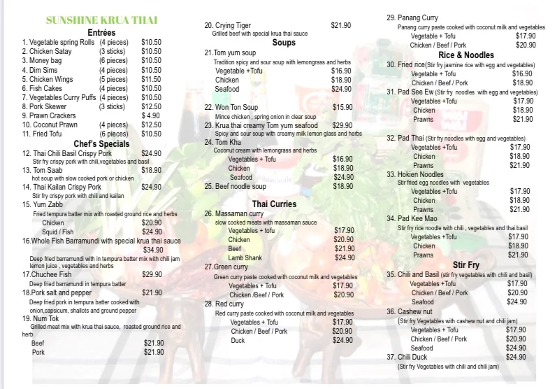 Menu, Sunshine Krua Thai