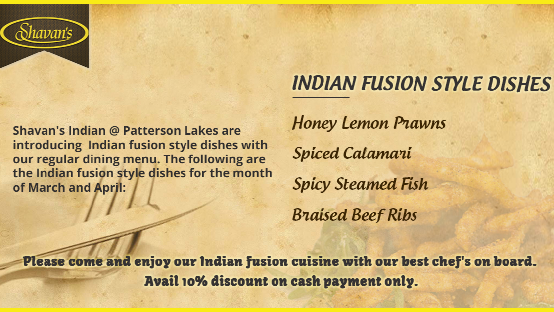 Menu, Shavans Patterson Lakes Indian Restaurant
