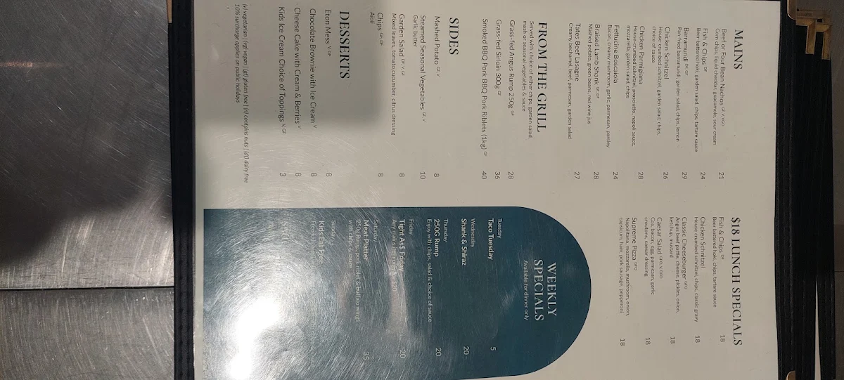Menu, Tates Hotel Windsor