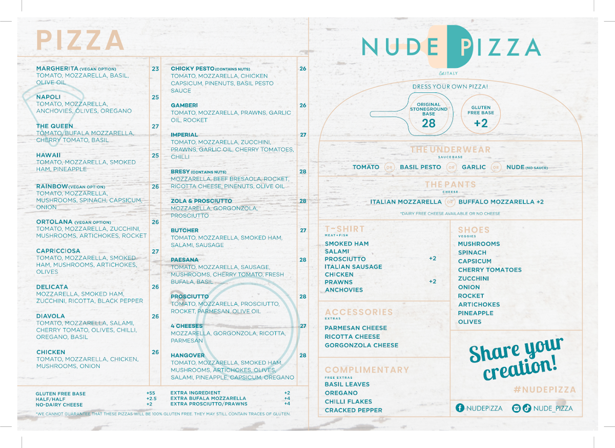 Menu, Nude Pizza