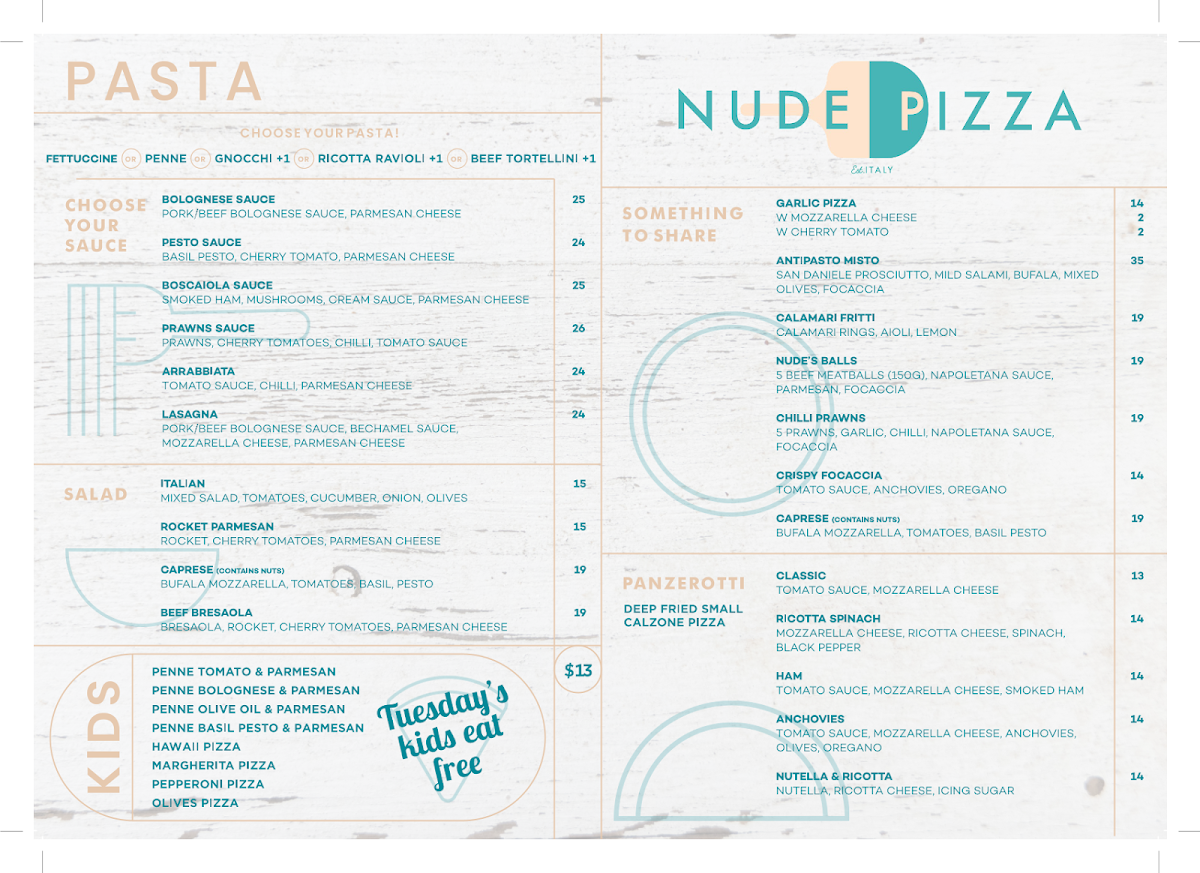 Menu, Nude Pizza