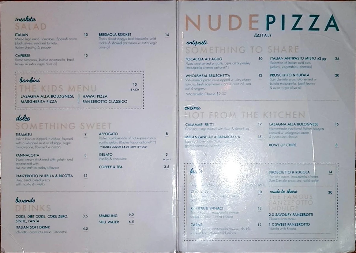 Menu, Nude Pizza