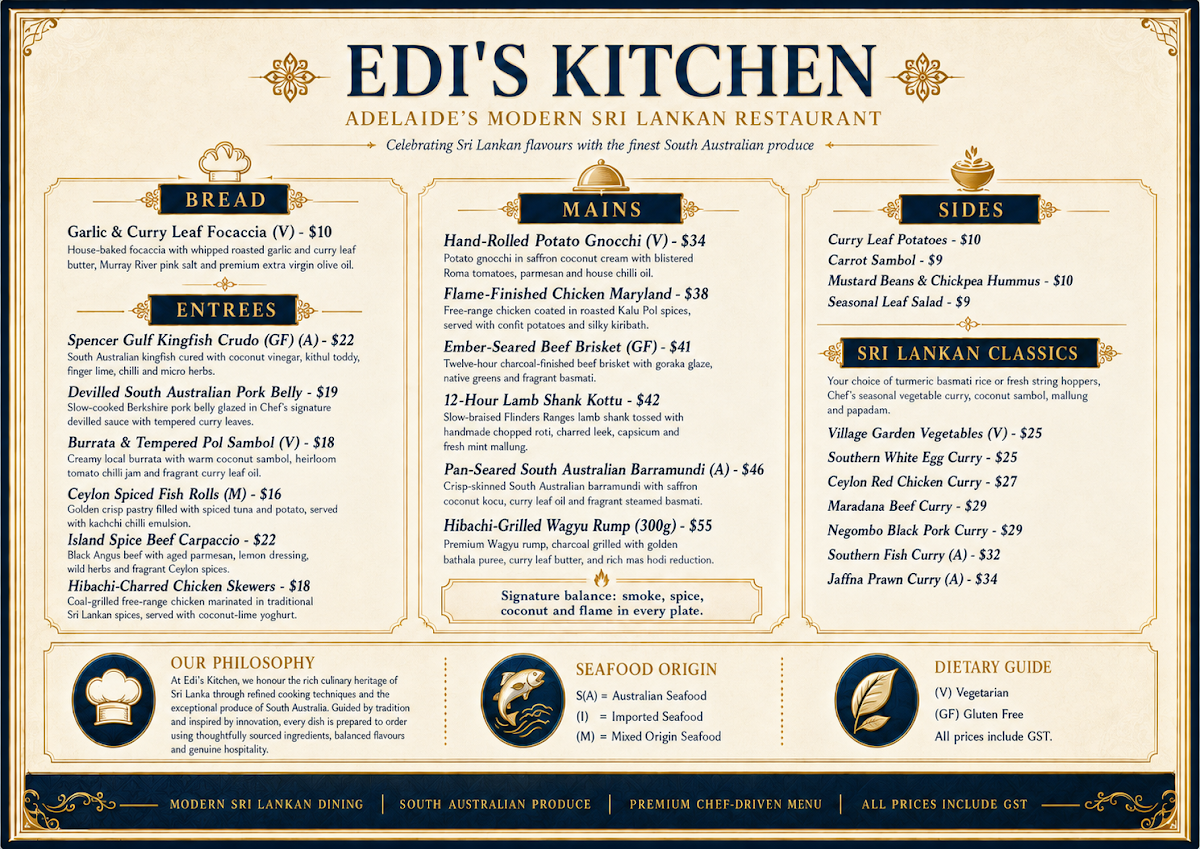 Menu, EDI'S KITCHEN