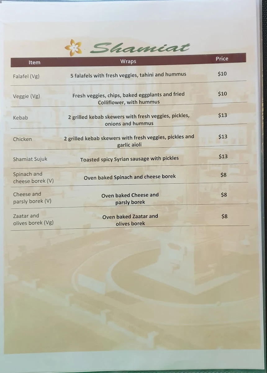Menu, Shamiat Authentic Syrian Restaurant