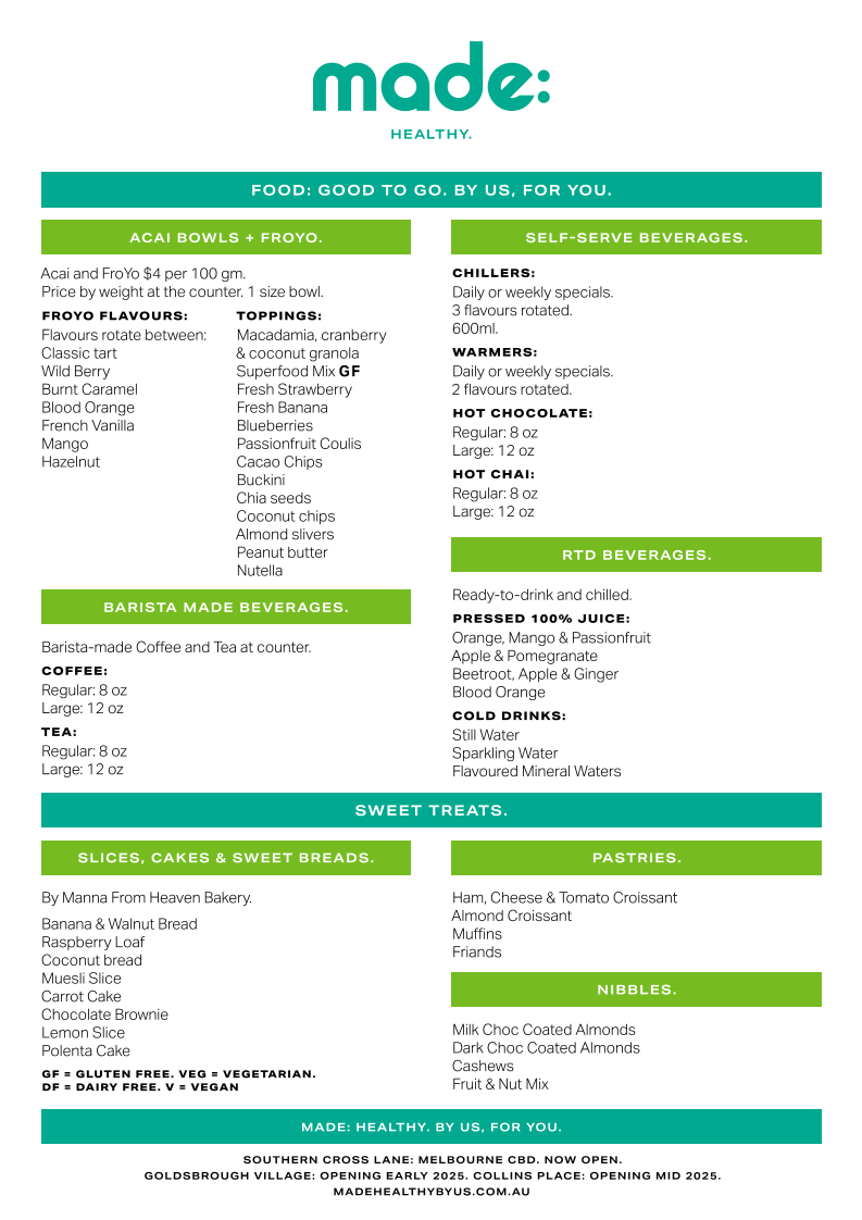 Menu, Made: Healthy Goldsbrough Lane