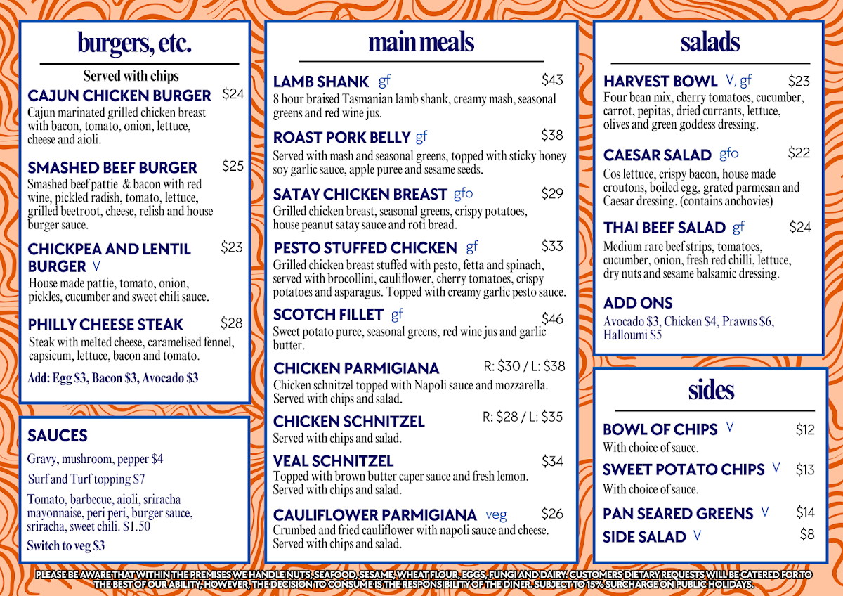 Menu, Waterman's Hotel