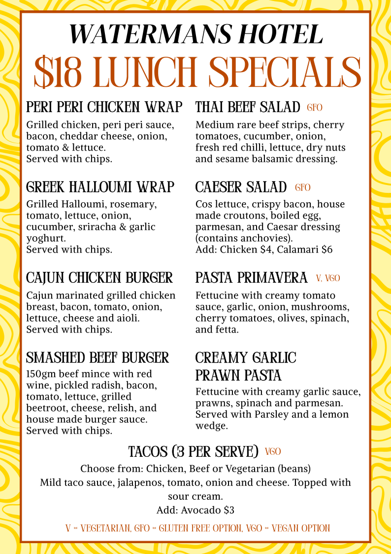 Menu, Waterman's Hotel