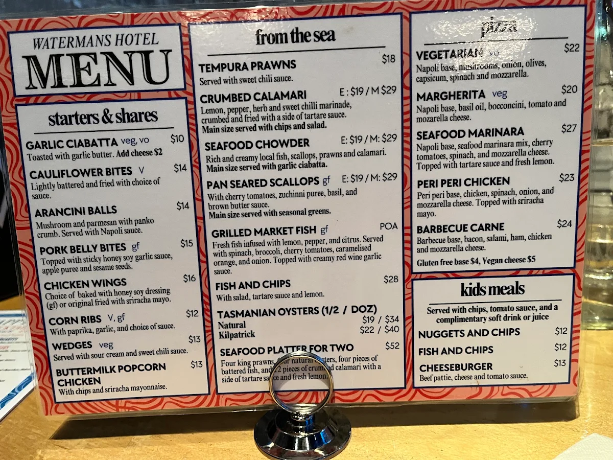 Menu, Waterman's Hotel