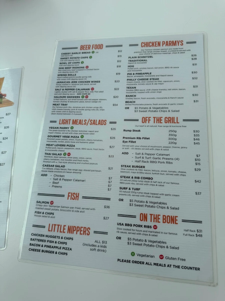Menu, The Beach Bar & Grill