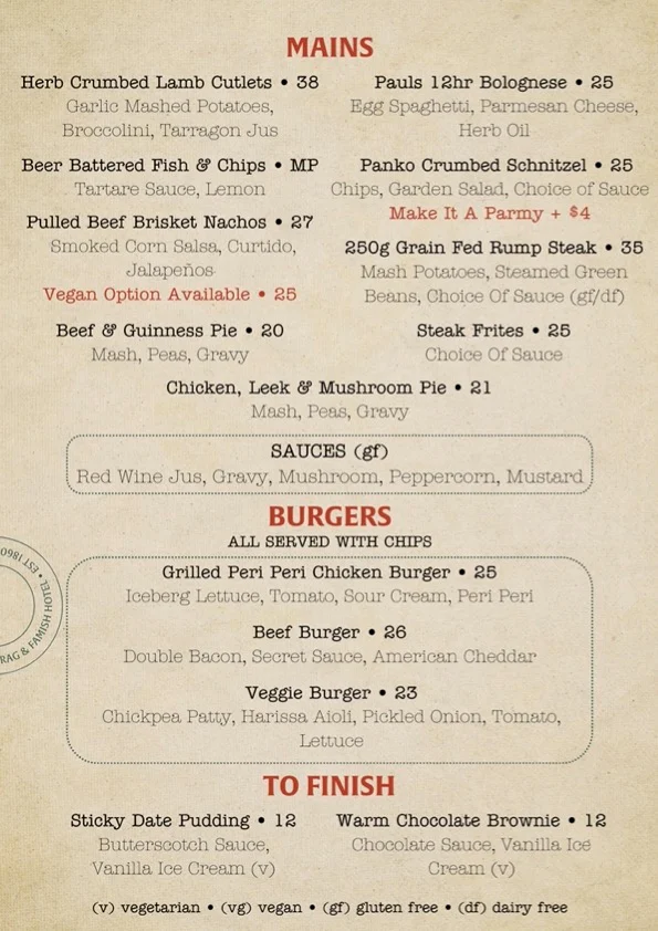 Menu, Rag & Famish Hotel