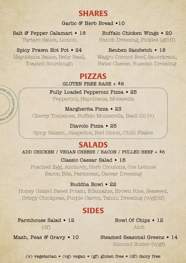 Menu, Rag & Famish Hotel