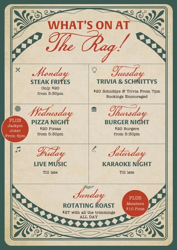 Menu, Rag & Famish Hotel
